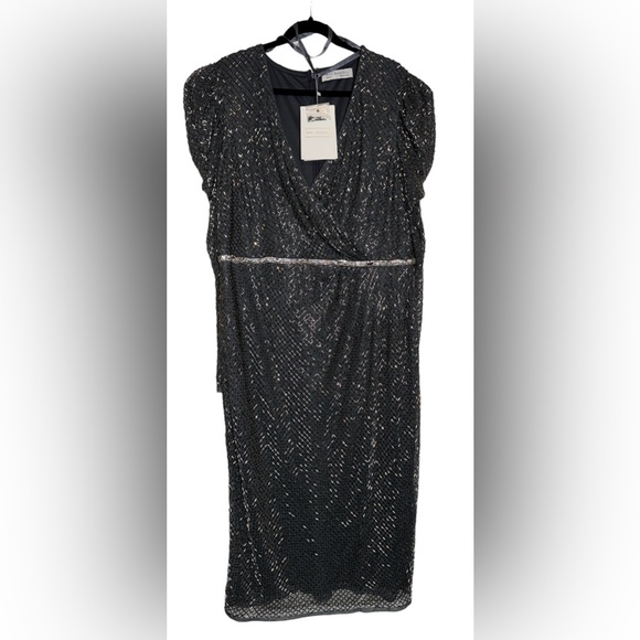 👗 NWT! Mac Duggal Beaded Wrap Over Puff Sleeve Dress - Picture 5 of 16